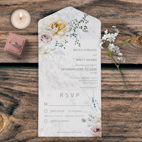 Frosty Winter Pastel Floral Modern Dinner All In One Invitation