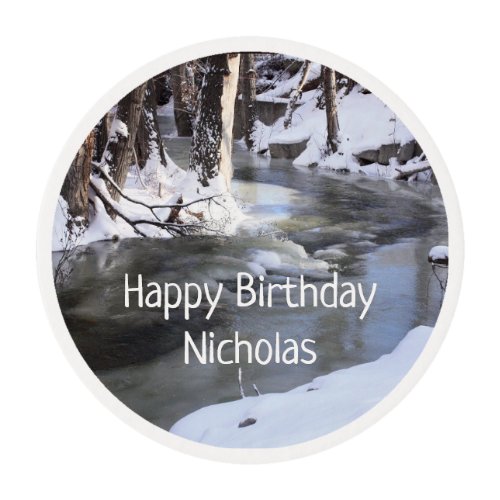 Frosty Winter Trees Creek Nature Custom Birthday Edible Frosting Rounds