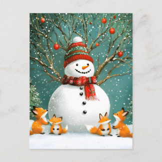 Frosty Winter Whimsical Snowman Fox Wonderland Announcement Postcard
