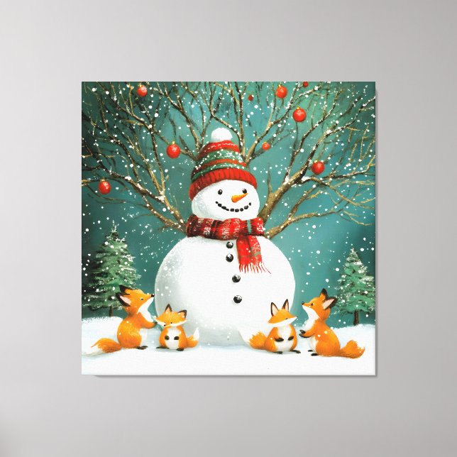 Frosty Winter Whimsical Snowman Fox Wonderland Canvas Print (Front)
