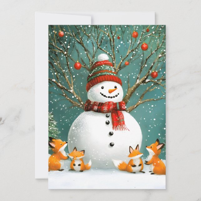 Frosty Winter Whimsical Snowman Fox Wonderland Holiday Card (Front)