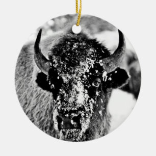 Frosty Yellowstone Bison Ceramic Ornament