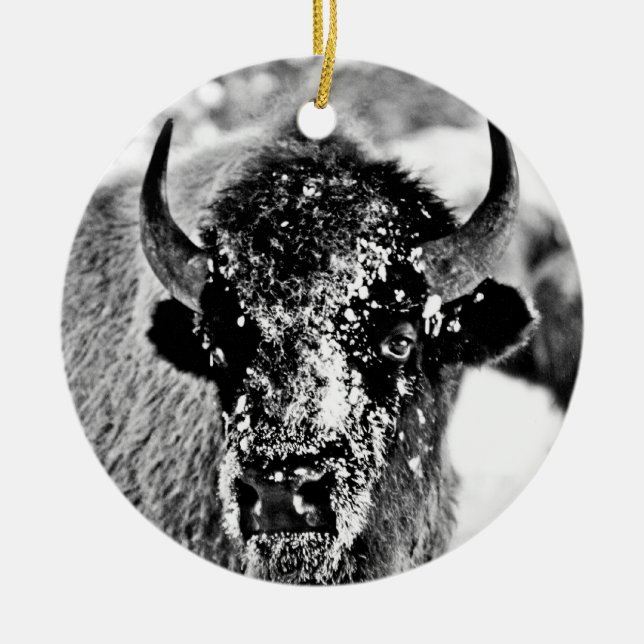 Frosty Yellowstone Bison Ceramic Ornament (Front)