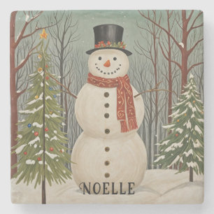 Frosty's Snowy Scene Personalized Christmas Stone Coaster