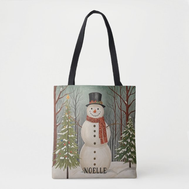 Frosty's Snowy Scene Personalized Christmas Tote Bag (Front)