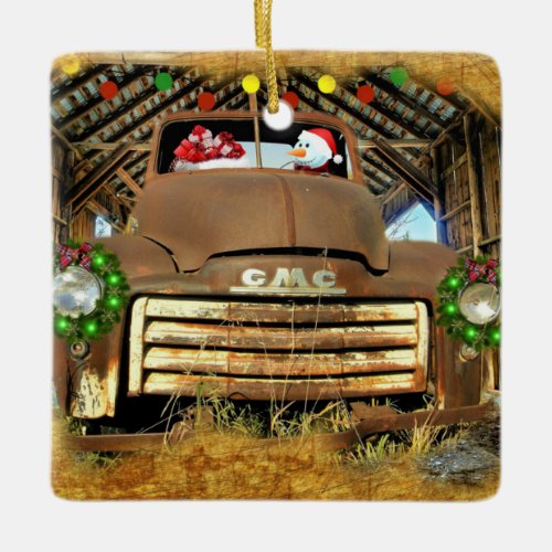 Frostys Vintage GMC Truck Christmas Run Ceramic Ornament