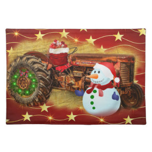 Frosty's Vintage Red Tractor Christmas Cloth Placemat