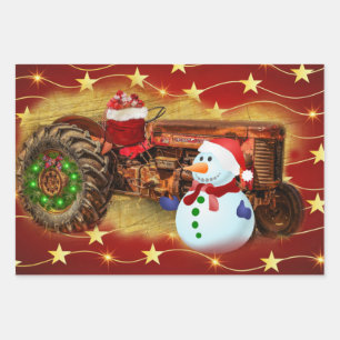 Frosty's Vintage Red Tractor Christmas Wrapping Paper Sheets