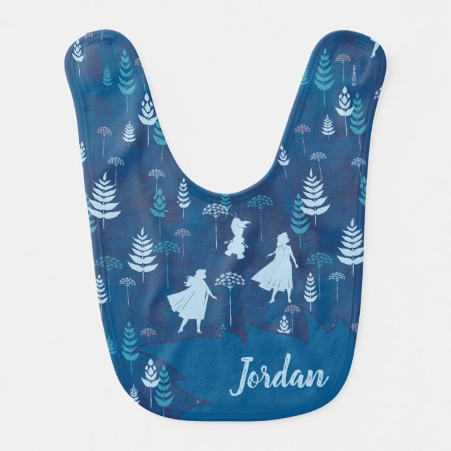 Frozen 2: Anna, Elsa, & Olaf Blue Foliage Pattern Baby Bib (Front)
