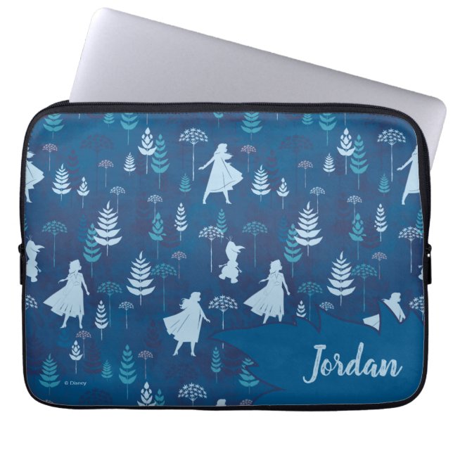 Frozen 2: Anna, Elsa, & Olaf Blue Foliage Pattern Laptop Sleeve (Front)