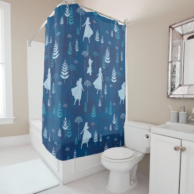 Frozen 2: Anna, Elsa, & Olaf Blue Foliage Pattern Shower Curtain (In Situ)