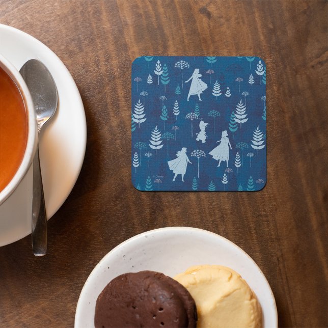 Frozen 2: Anna, Elsa, & Olaf Blue Foliage Pattern Square Paper Coaster (Coaster on table)