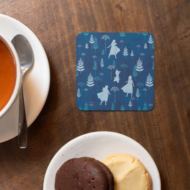 Frozen 2: Anna, Elsa, & Olaf Blue Foliage Pattern Square Paper Coaster