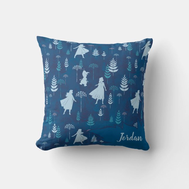Frozen 2: Anna, Elsa, & Olaf Blue Foliage Pattern Throw Pillow (Front)