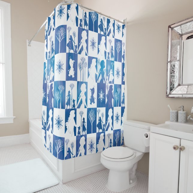 Frozen 2: Anna, Elsa, & Olaf Winter Tile Pattern Shower Curtain (In Situ)