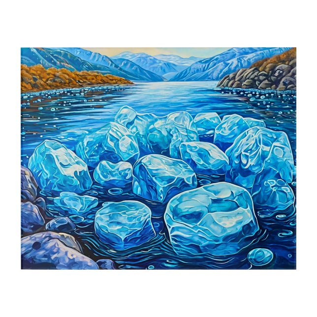 Frozen Blue Ice Rocks Along Calm Lake Acrylic Print (Front)