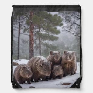 Frozen Burrow: Australian Wombat Family Drawstring Bag