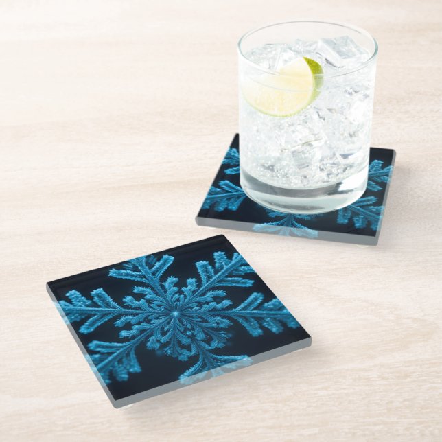 Frozen Elegance: Intricate Blue Snowflake Design Glass Coaster (Angled)