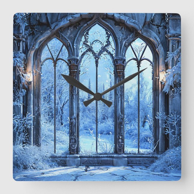Frozen Fake window landscape Winter Snow Scenic ❄️ Square Wall Clock (Front)