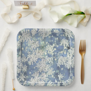 Frozen Frost Abstract Photography Blue/White Paper Plates