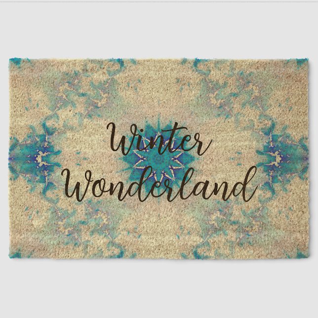 Frozen Frosty Blue Snowflake Winter Pattern Fiber Doormat (Front)