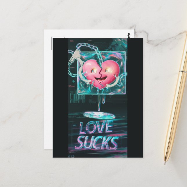 Frozen Heart Love Sucks AntiValentine Glitch Art Postcard (Front/Back In Situ)