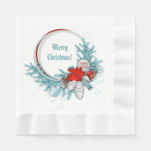 Frozen Ice Blue Christmas Branch Red Poinsettia Napkins