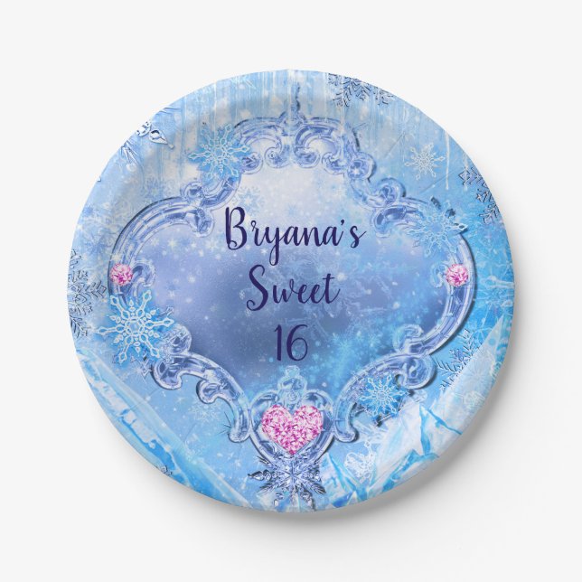 Frozen Ice & Snowflakes Winter Wonderland Party Paper Plates (Front)