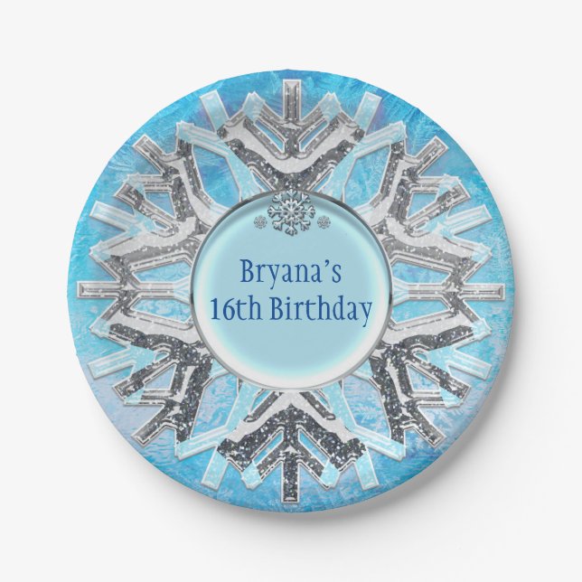 Frozen Ice Winter Wonderland Big Snowflake Party Paper Plates (Front)
