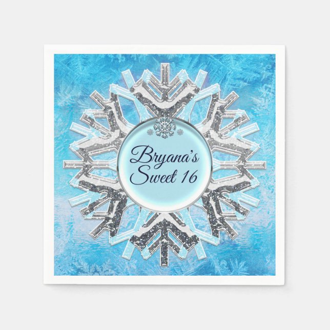 Frozen Ice Winter Wonderland Silver Snowflake Napkins (Front)