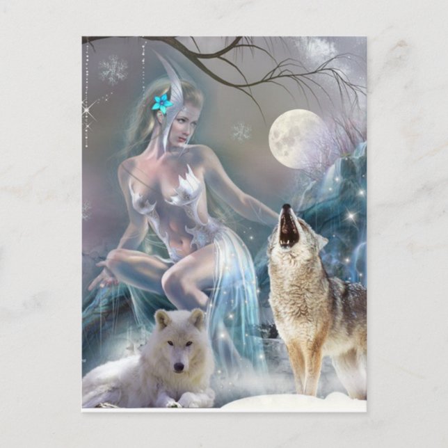 Frozen In Time Winter Girl and Wolves Postcard (Front)