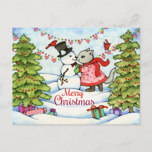 Frozen Kiss - Cute Christmas Cat Art Holiday Postcard (Front)