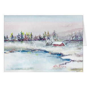 Frozen Lake Cabin Watercolor Painting Cards