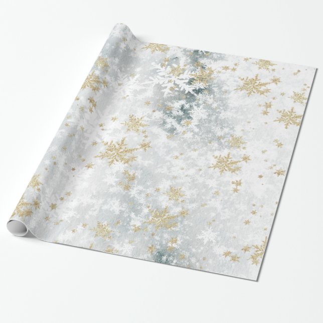 Frozen Lake Ice Fresh Fallen Gold Snowflakes Wrapping Paper (Unrolled)