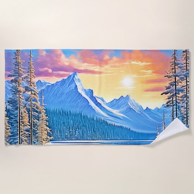 Frozen Lake Sunset Art Beach Towel (Front)