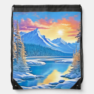 Frozen Lake Sunset Art Drawstring Bag