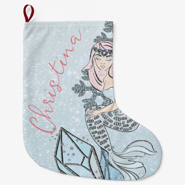 Frozen Mermaid Princess Winter Theme Large Christmas Stocking (Front)