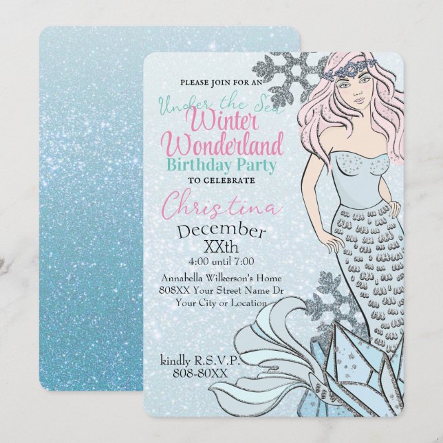 Frozen Mermaid Princess Winter Theme Party Invitation (Front/Back)