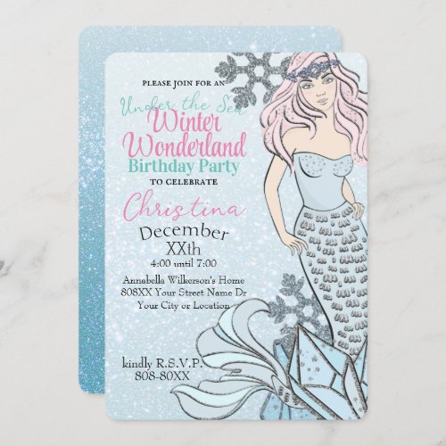 Frozen Mermaid Princess Winter Theme Party Invitation