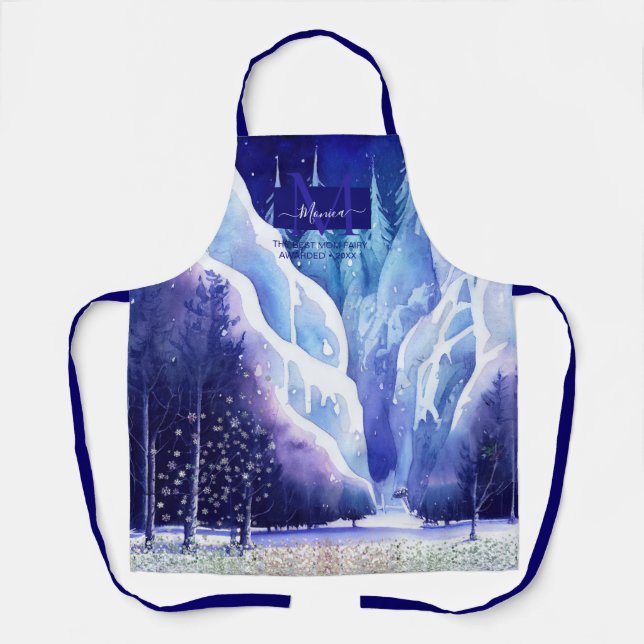 Frozen nature artsy blue purple custom Monogram Apron (Front)