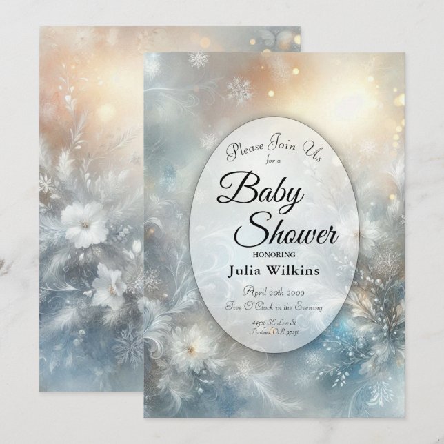 Frozen Petals in a Golden Winter Mist Baby Shower Invitation (Front/Back)