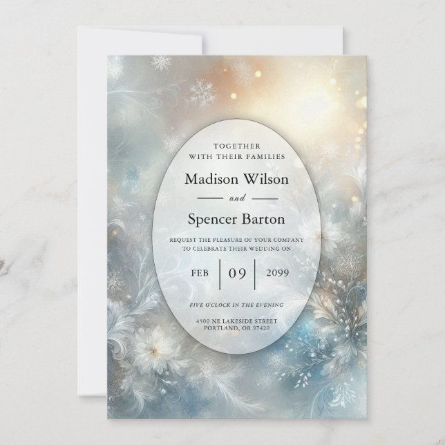 Frozen Petals in a Golden Winter Mist Wedding Invitation (Front)