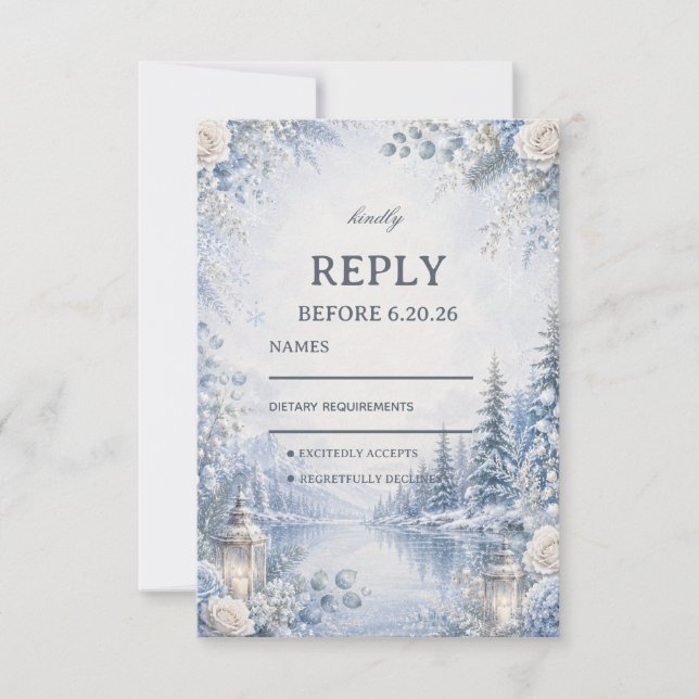 Frozen Reflections Beneath Winter Pines RSVP Card (Front)