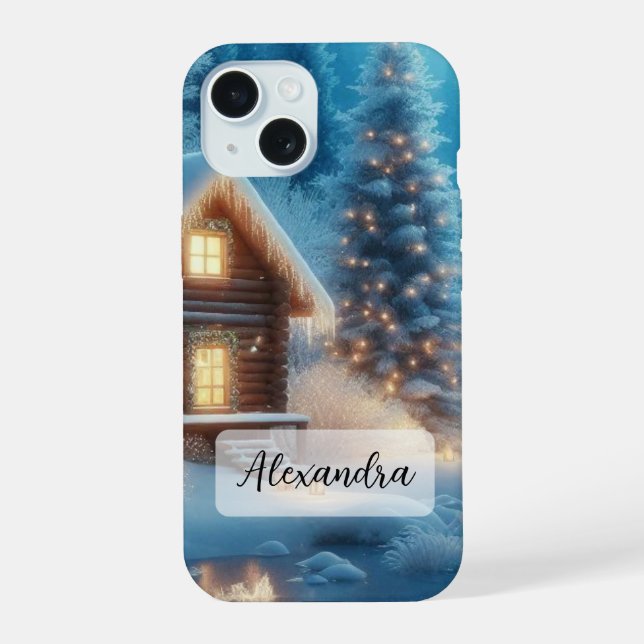 Frozen River, Cozy Cabin, Snow, Pine Trees Iphone Case (Back)