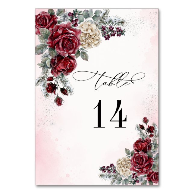 Frozen Roses Winter Wedding Table Number (Front)