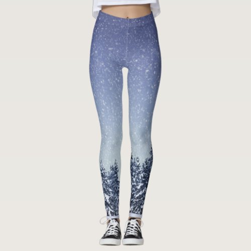 Frozen Snow Winter Forest Scene Leggings