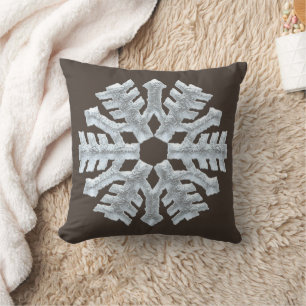Frozen Snowflake Rich Brown Forest Christmas Throw Pillow