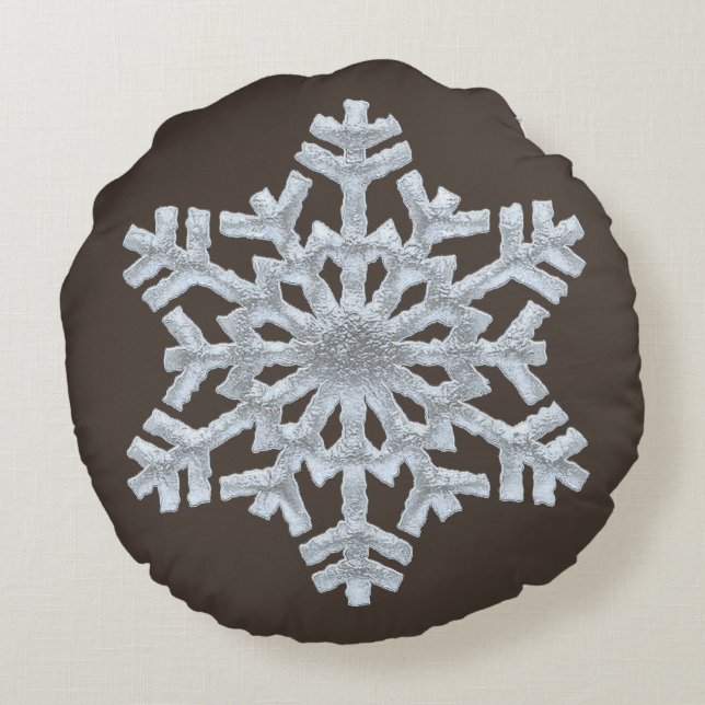 Frozen Snowflake Rich Brown Nature Christmas Round Pillow (Back)