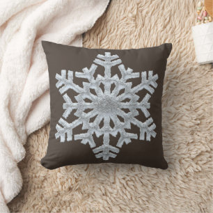 Frozen Snowflake Rich Brown Winter Christmas Throw Pillow