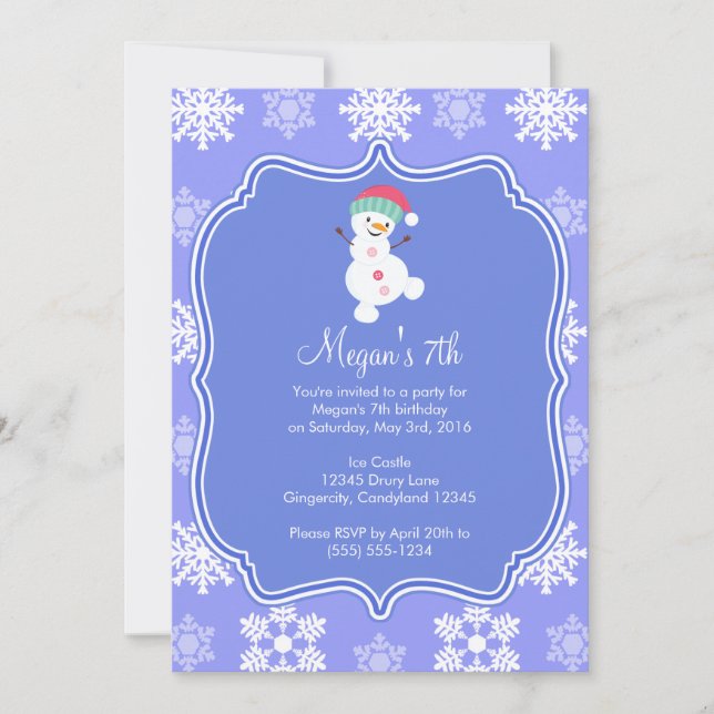 Frozen Snowflake Winter Snowman Birthday Invitation (Front)